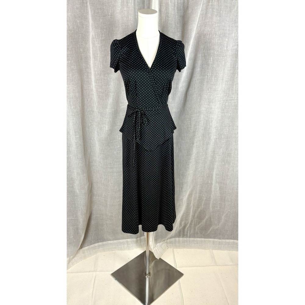 Vintage 70's Polka Dot Peplum Dress Parisian Chic French Girl Dark Academia Sz S - Picture 2 of 12